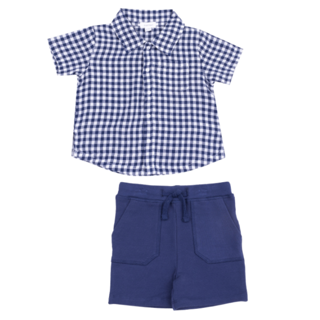 Angel Dear Navy Gingham Button Down Muslin Polo Set