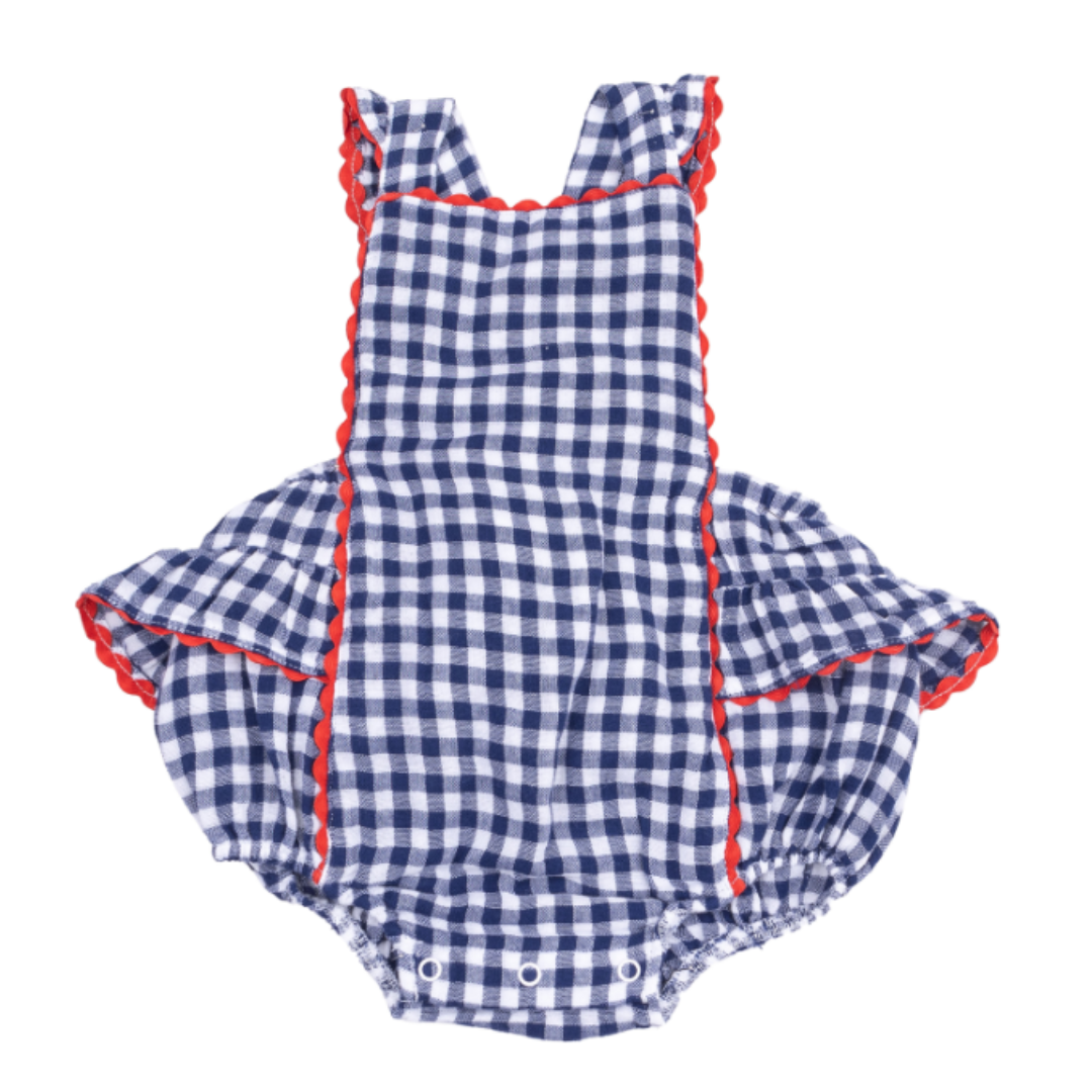 Angel Dear Navy Gingham Ric-Rac Ruffle Sunsuit
