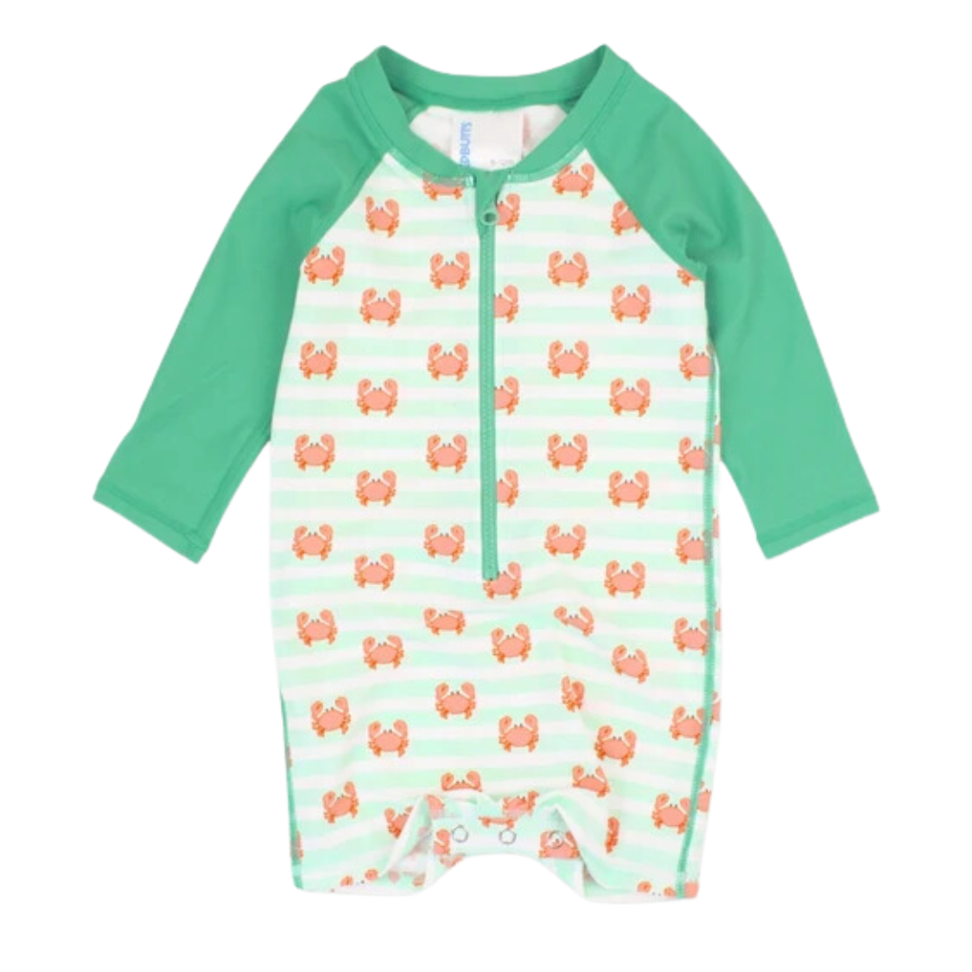 RuffleButts Crabby Cove Long Sleeve One Piece Rash Guard
