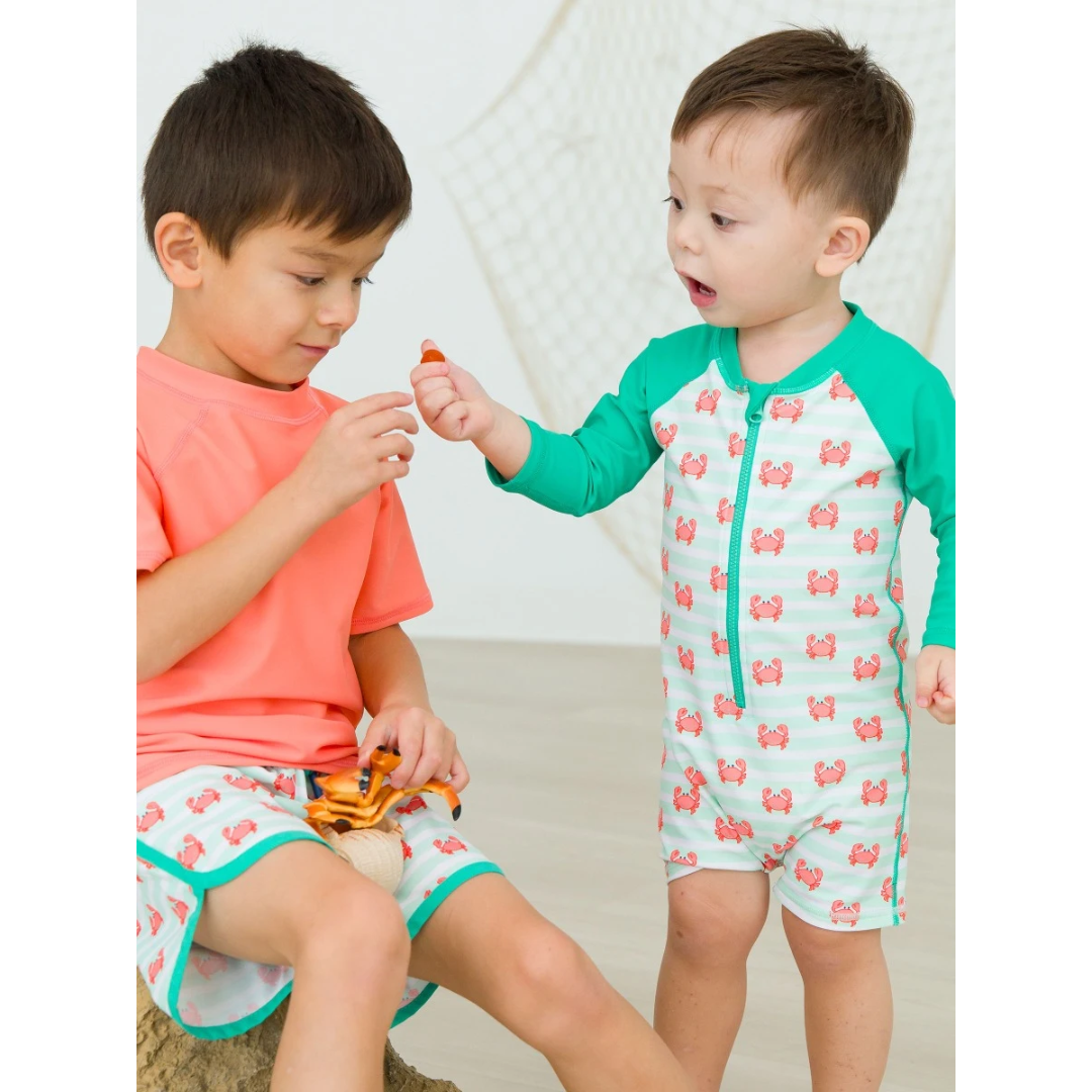 RuffleButts Crabby Cove Long Sleeve One Piece Rash Guard