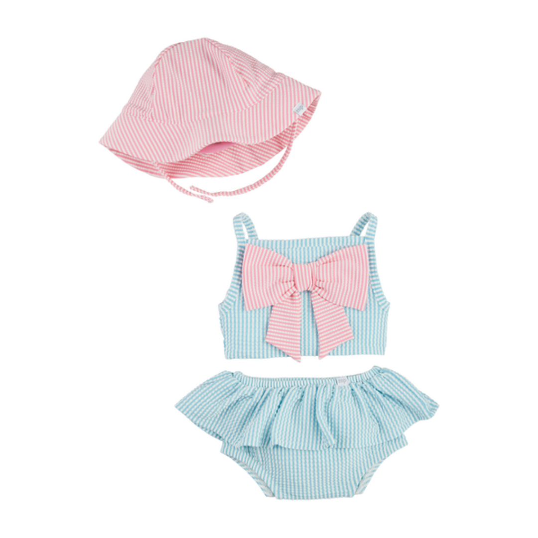 Mud Pie Seersucker Bow 2 Piece Swimsuit & Hat Set