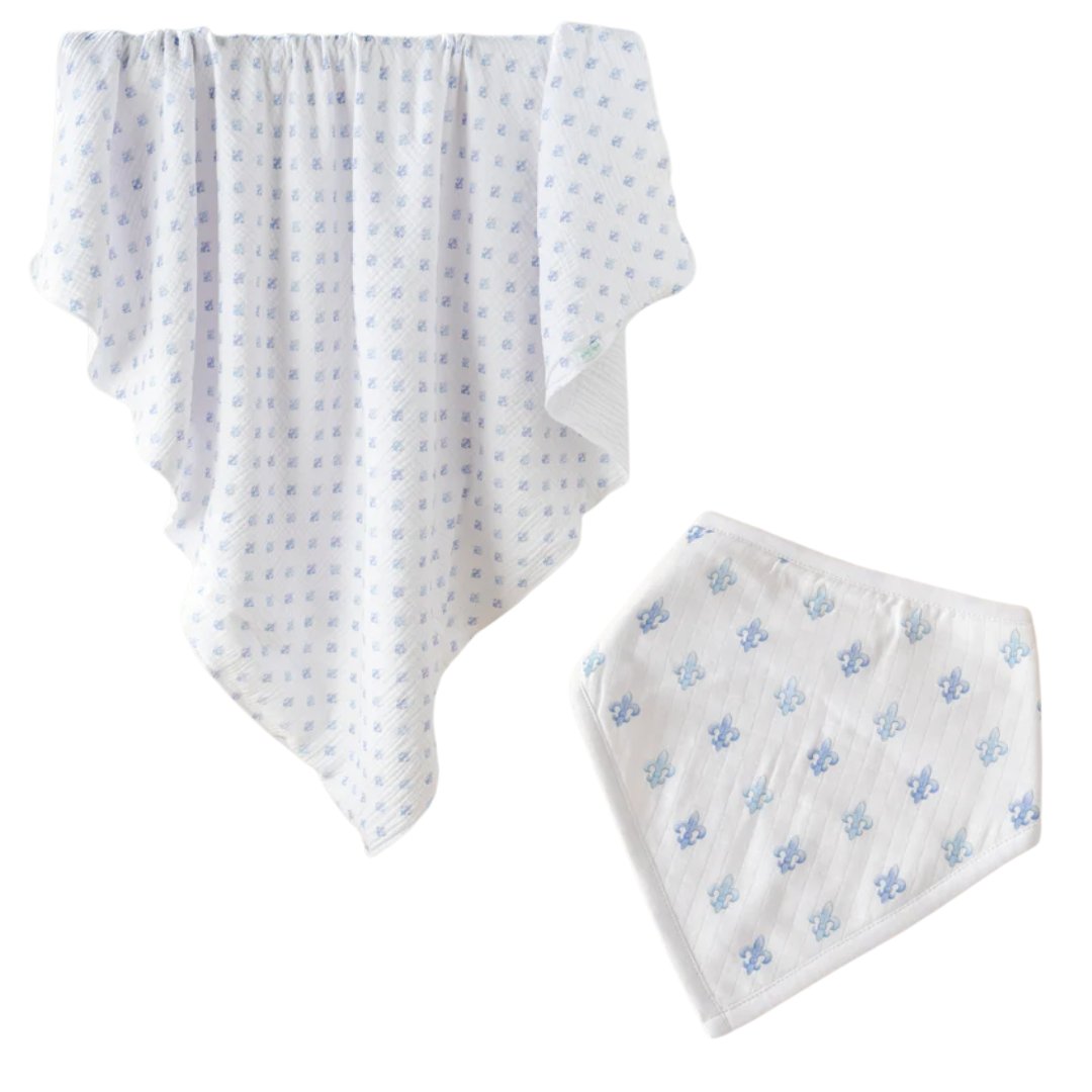 Nola Tawk Fleur De Bleu Organic Cotton Muslin Quilt and Bib | Louisiana Baby Gift Bundle