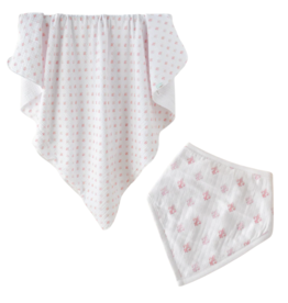 Nola Tawk Fleur De Rose Organic Cotton Muslin Quilt and Bib |Louisiana Baby Gift Bundle