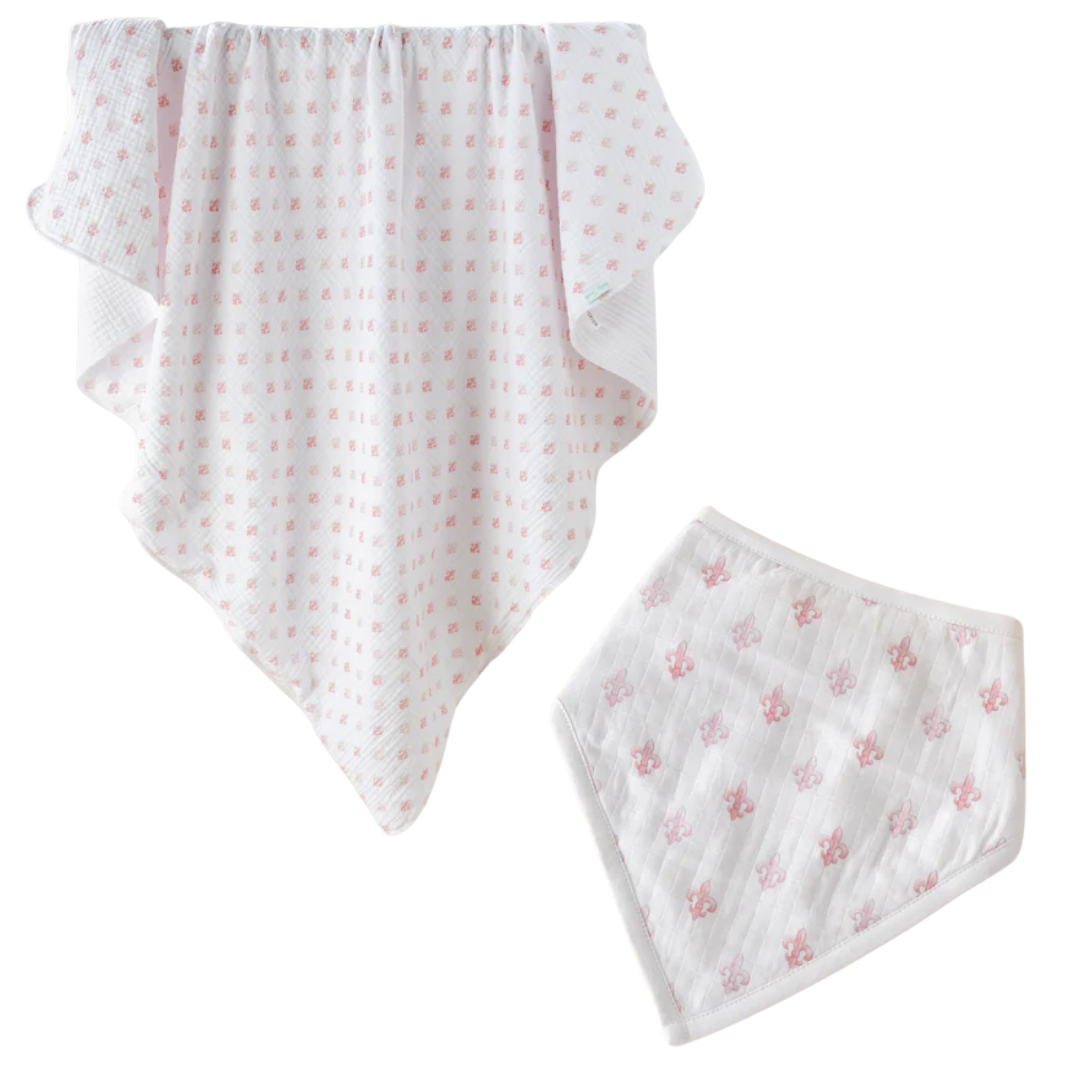Nola Tawk Fleur De Rose Organic Cotton Muslin Quilt and Bib |Louisiana Baby Gift Bundle