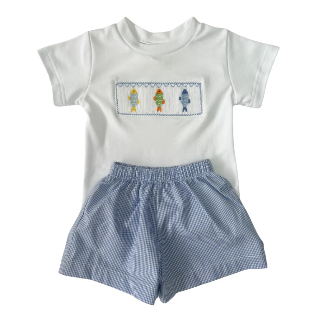 Lulu Bebe Fish Smock Tee & Blue Gingham Short Set
