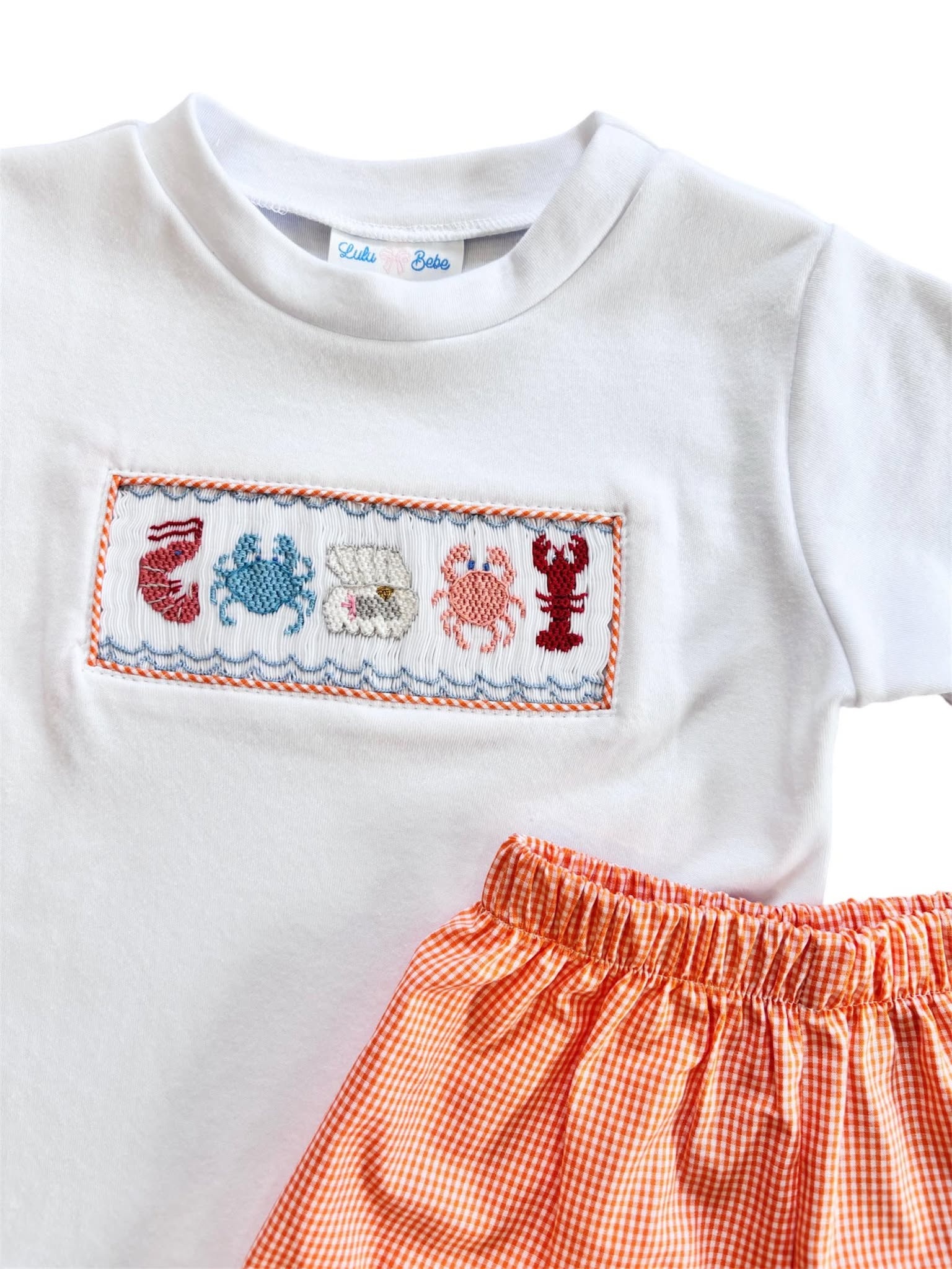 Lulu Bebe Sea Smock Tee & Coral Gingham Short Set