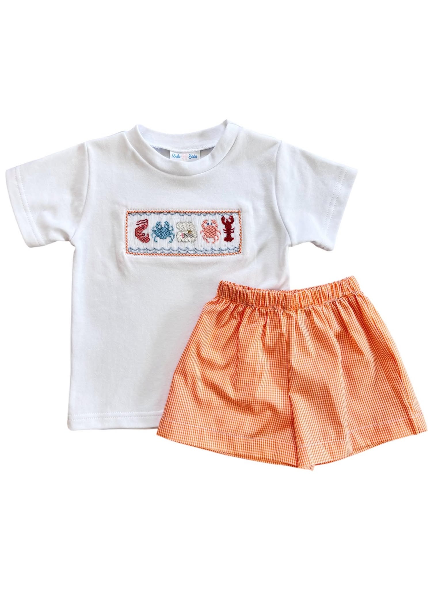 Lulu Bebe Sea Smock Tee & Coral Gingham Short Set