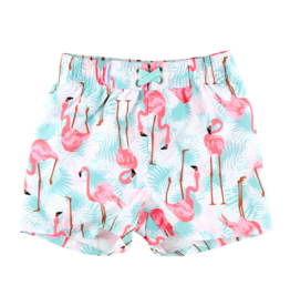 RuffleButts Vibrant Flamingo Swim Trunks