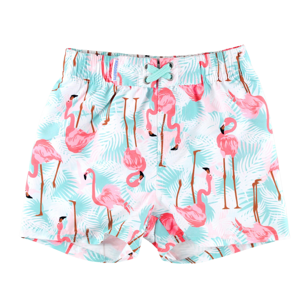 RuffleButts Vibrant Flamingo Swim Trunks