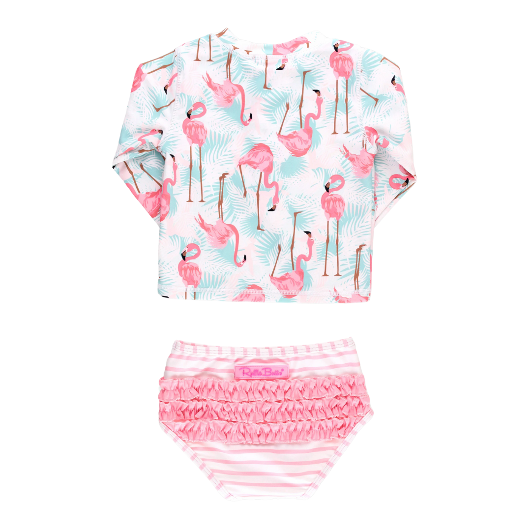 RuffleButts Vibrant Flamingo Long Sleeve Zipper Rash Guard Two Piece Swimsuit
