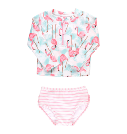 RuffleButts Vibrant Flamingo Long Sleeve Zipper Rash Guard Two Piece Swimsuit