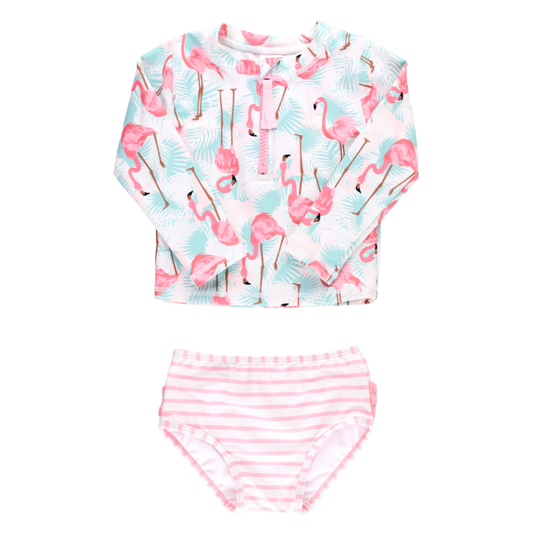 RuffleButts Vibrant Flamingo Long Sleeve Zipper Rash Guard Two Piece Swimsuit