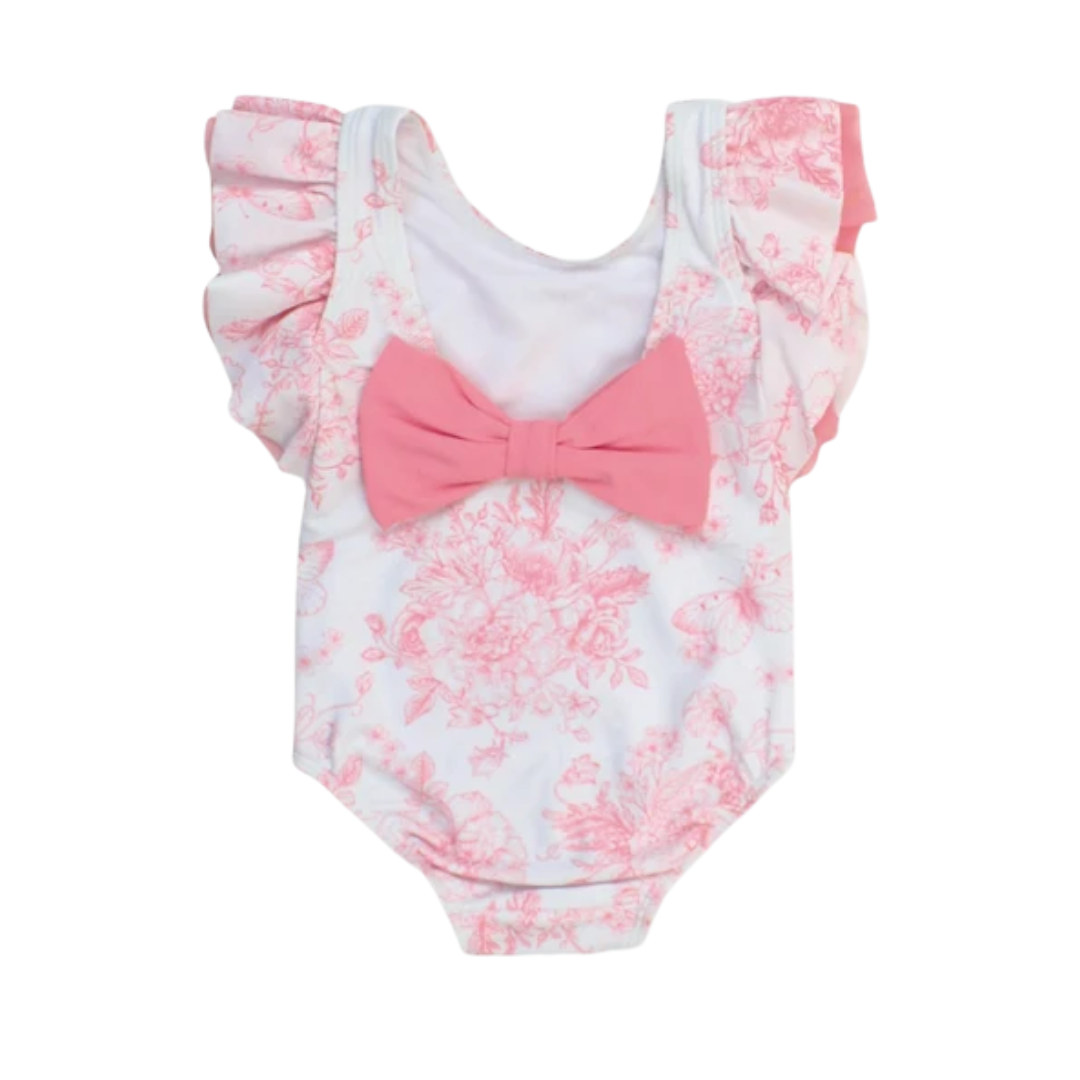 RuffleButts Bubblegum Pink Butterfly Garden Toile One Piece Swimsuit