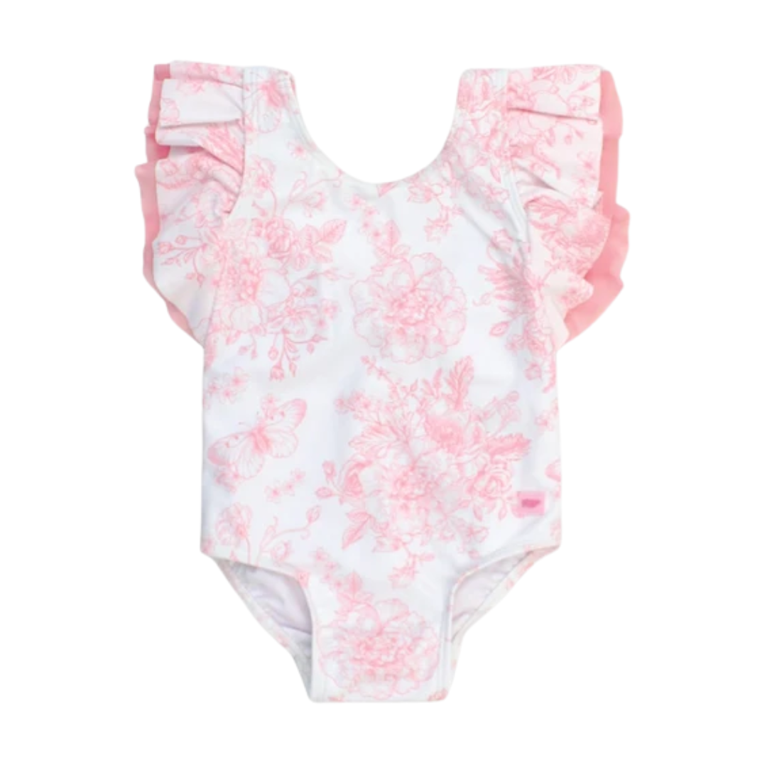 RuffleButts Bubblegum Pink Butterfly Garden Toile One Piece Swimsuit