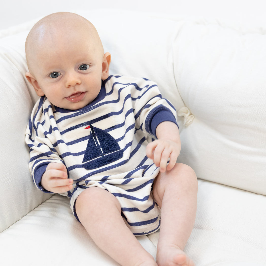 Angel Dear Navy Stripe French Terry Sweatshirt Bubble | Blue Sailboat
