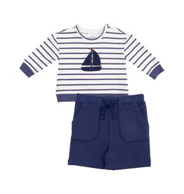 Angel Dear French Terry Sailboat Applique Sweat Shirt and Short Set | Navy Stripe
