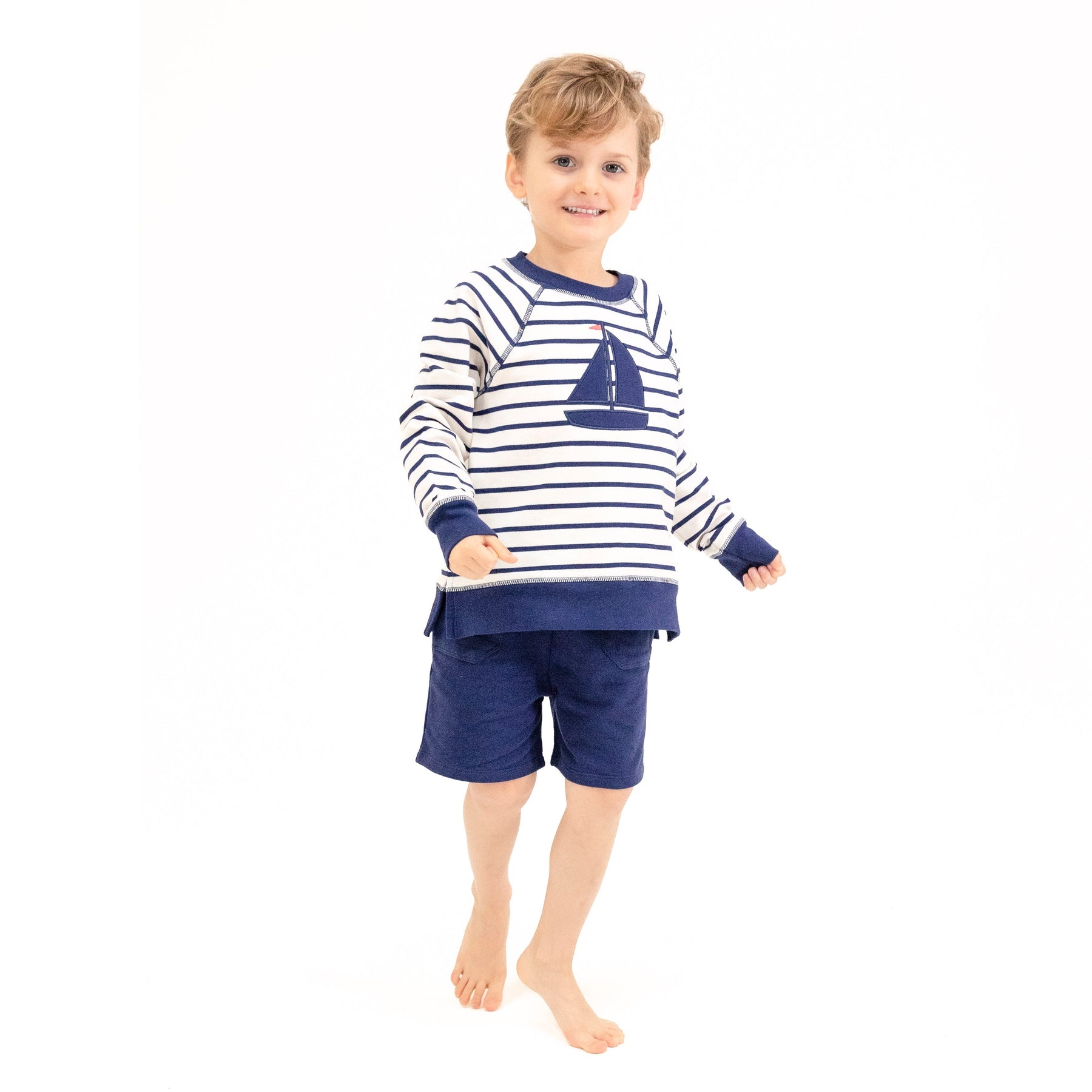 Angel Dear French Terry Sailboat Applique Sweat Shirt and Short Set | Navy Stripe