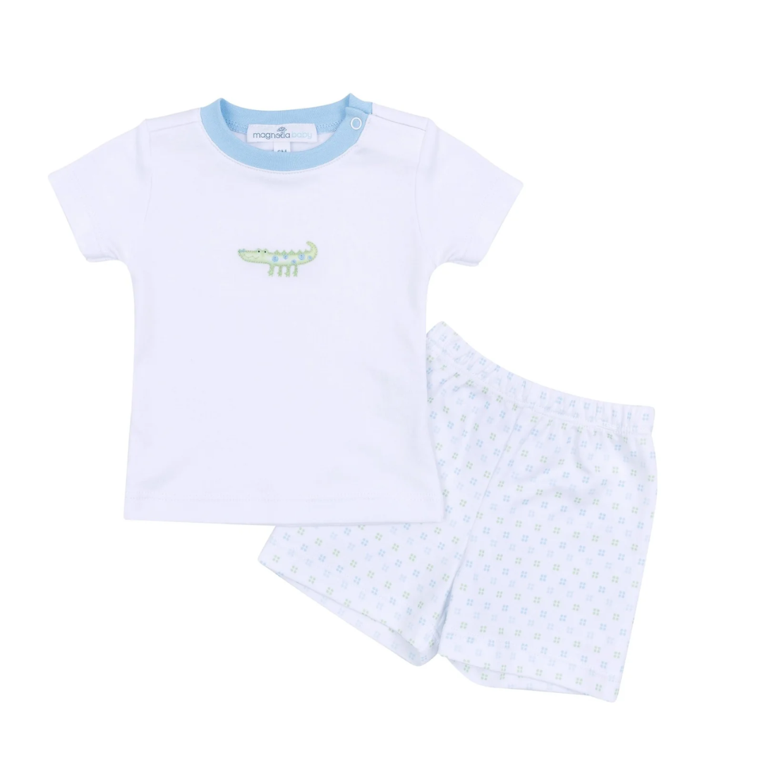 Magnolia Baby Alligator Pie Blue Pima Embroidered Short Set