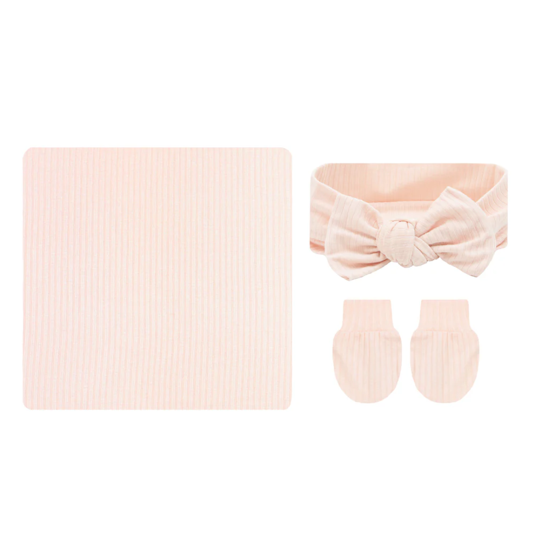 Lou Lou and Company Rosie Ribbed Newborn Headband|Swaddle|Mitt Bundle