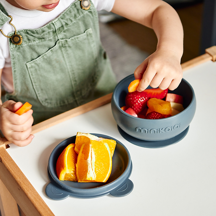 MinikOiOi Bowly Silicone Suction Bowl with Lid| Mineral Blue