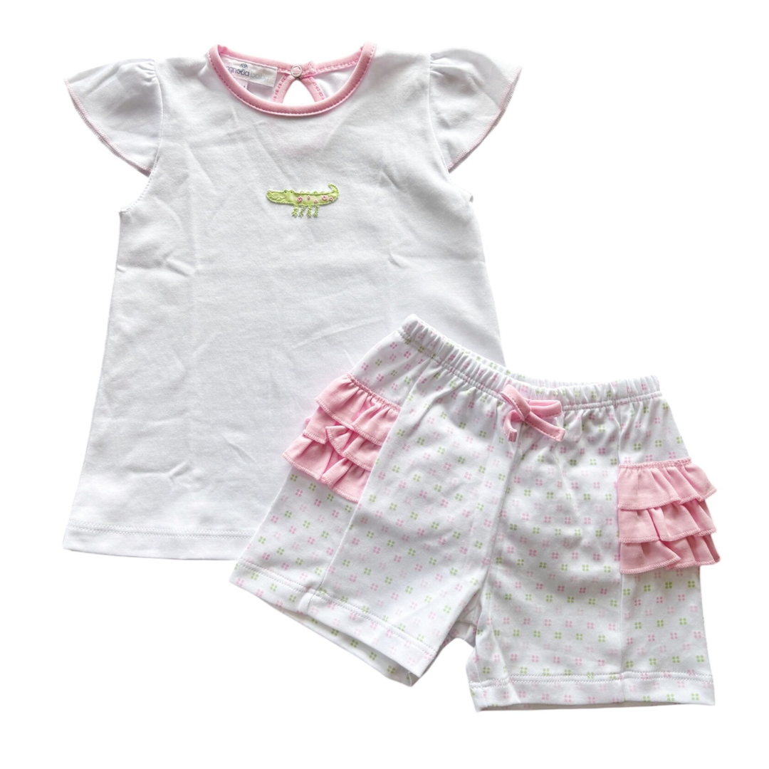 Magnolia Baby Alligator Pie Pink Pima Embroidered Ruffle Short Set