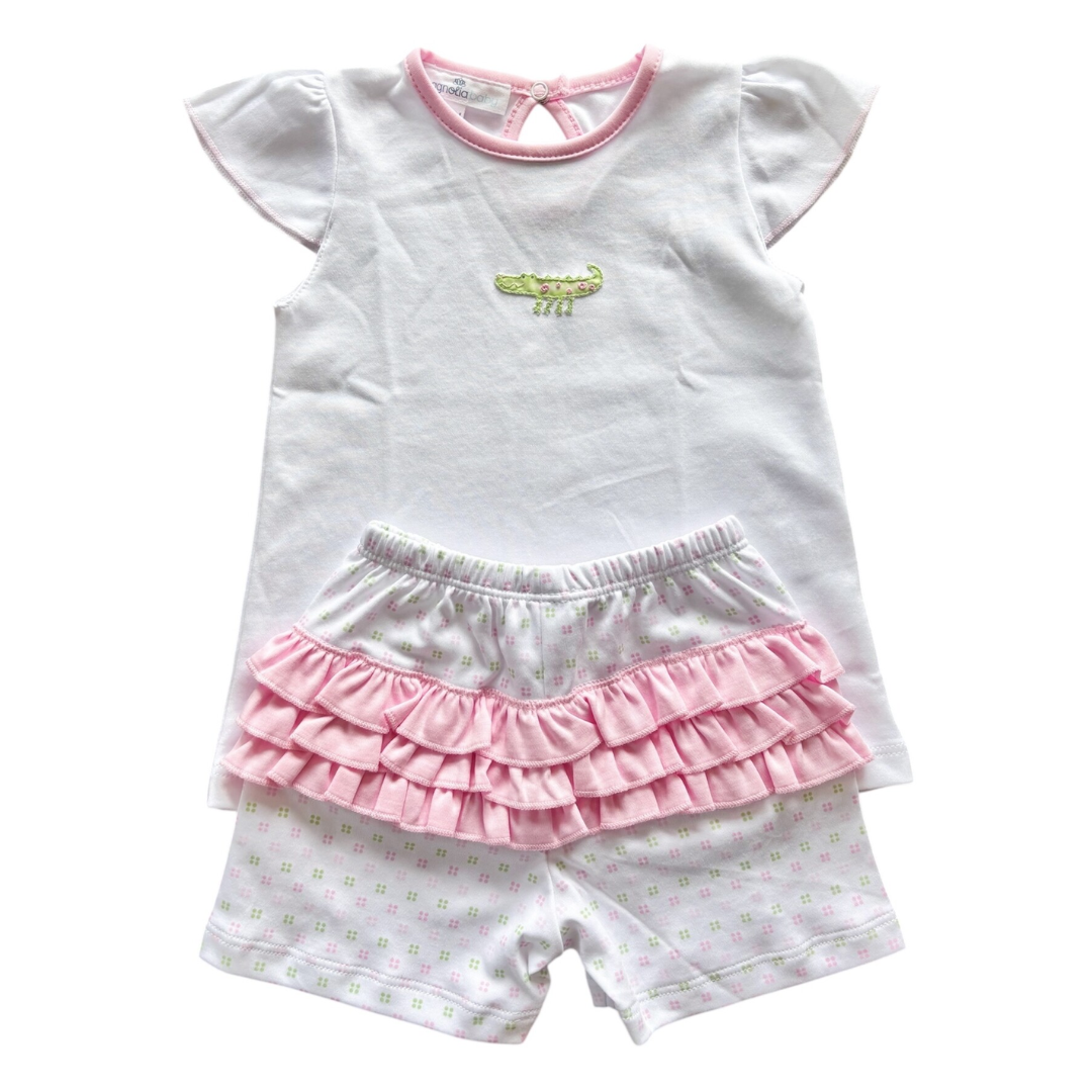 Magnolia Baby Alligator Pie Pink Pima Embroidered Flutters Short Set