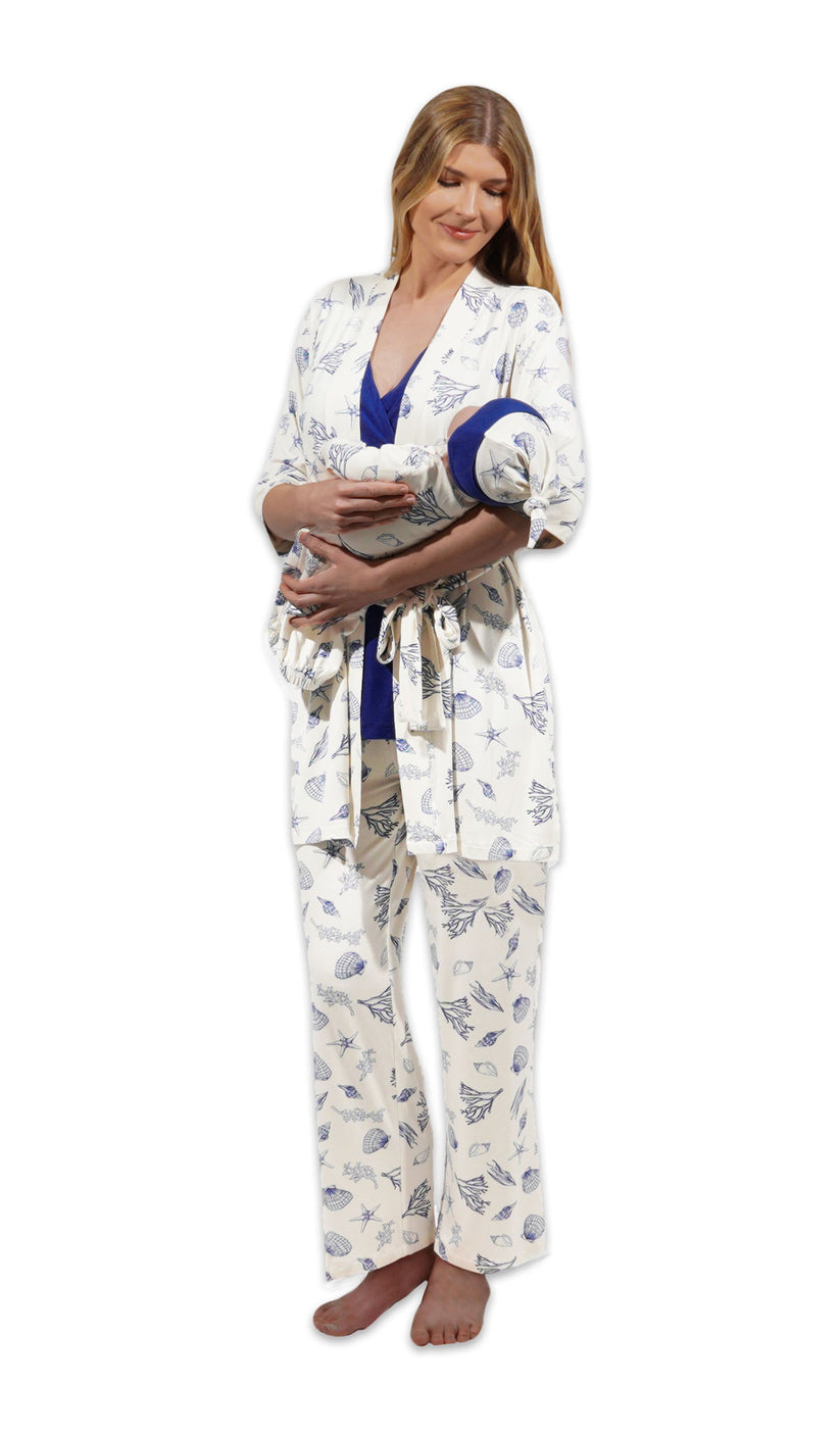 Coastal Anelise 5-Piece Mom and Baby Matching Gift Set | Adult Pajama Set Newborn Gown and Hat Set