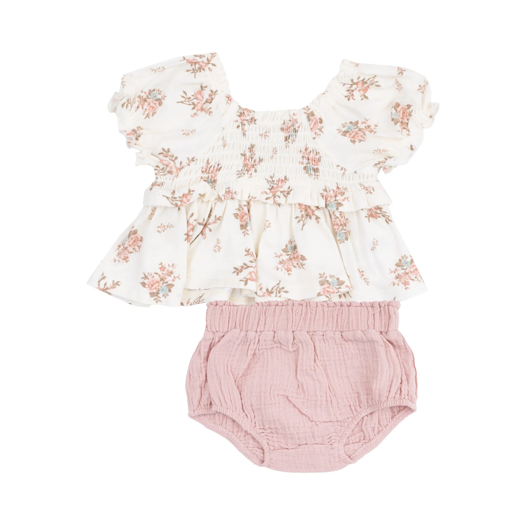Angel Dear Vintage Rosebuds Smocked Blouse & Bloomer Set