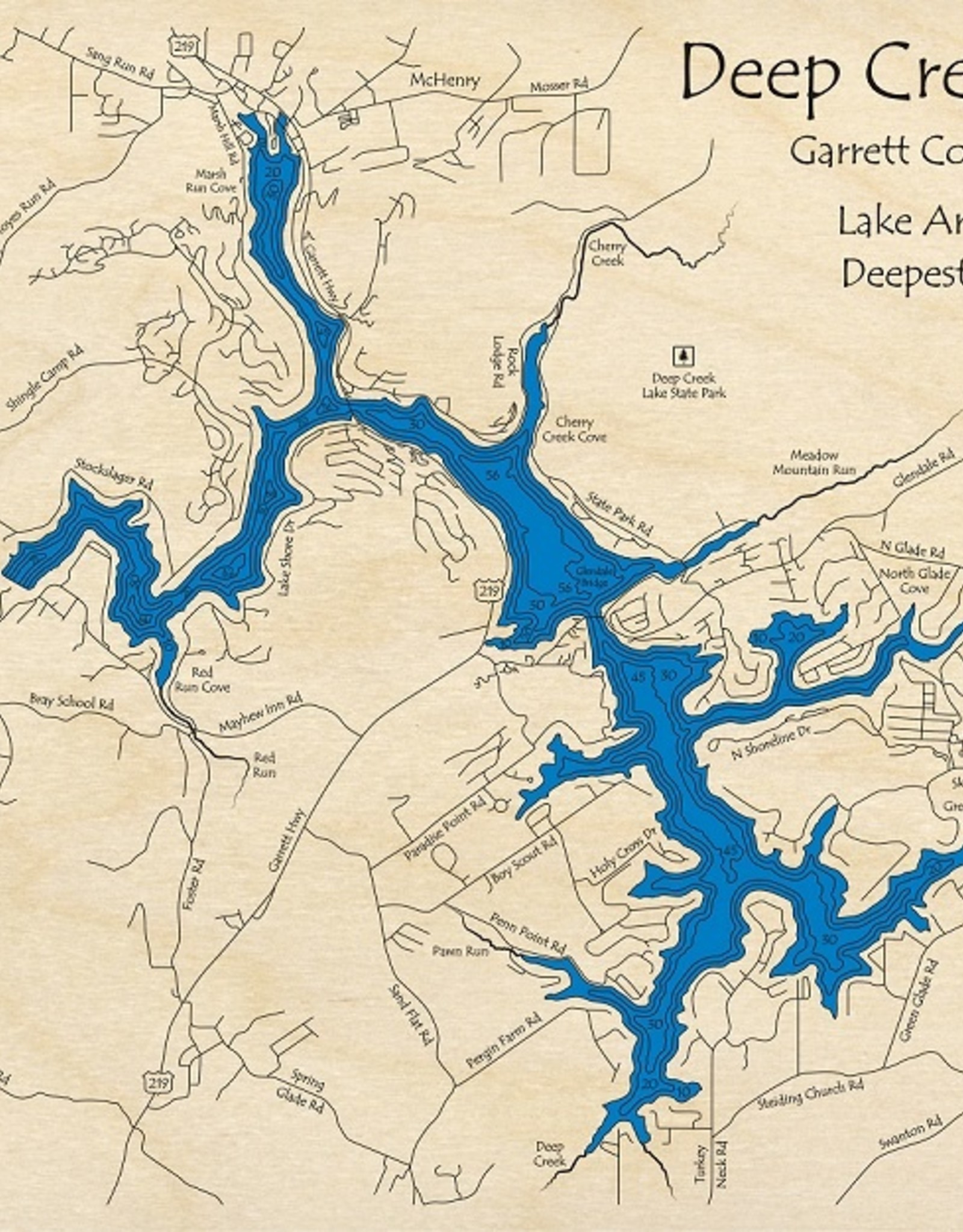 Lake Art DEEP CREEK LAKE SINGLE DEPTH MAP BLACK