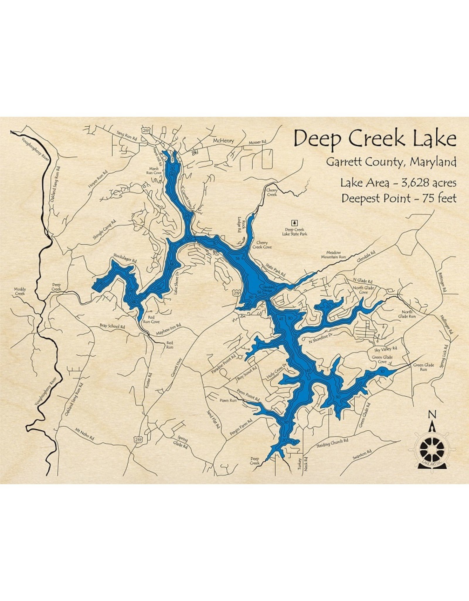 Lake Art Deep Creek Lake Map 3d Rustic 