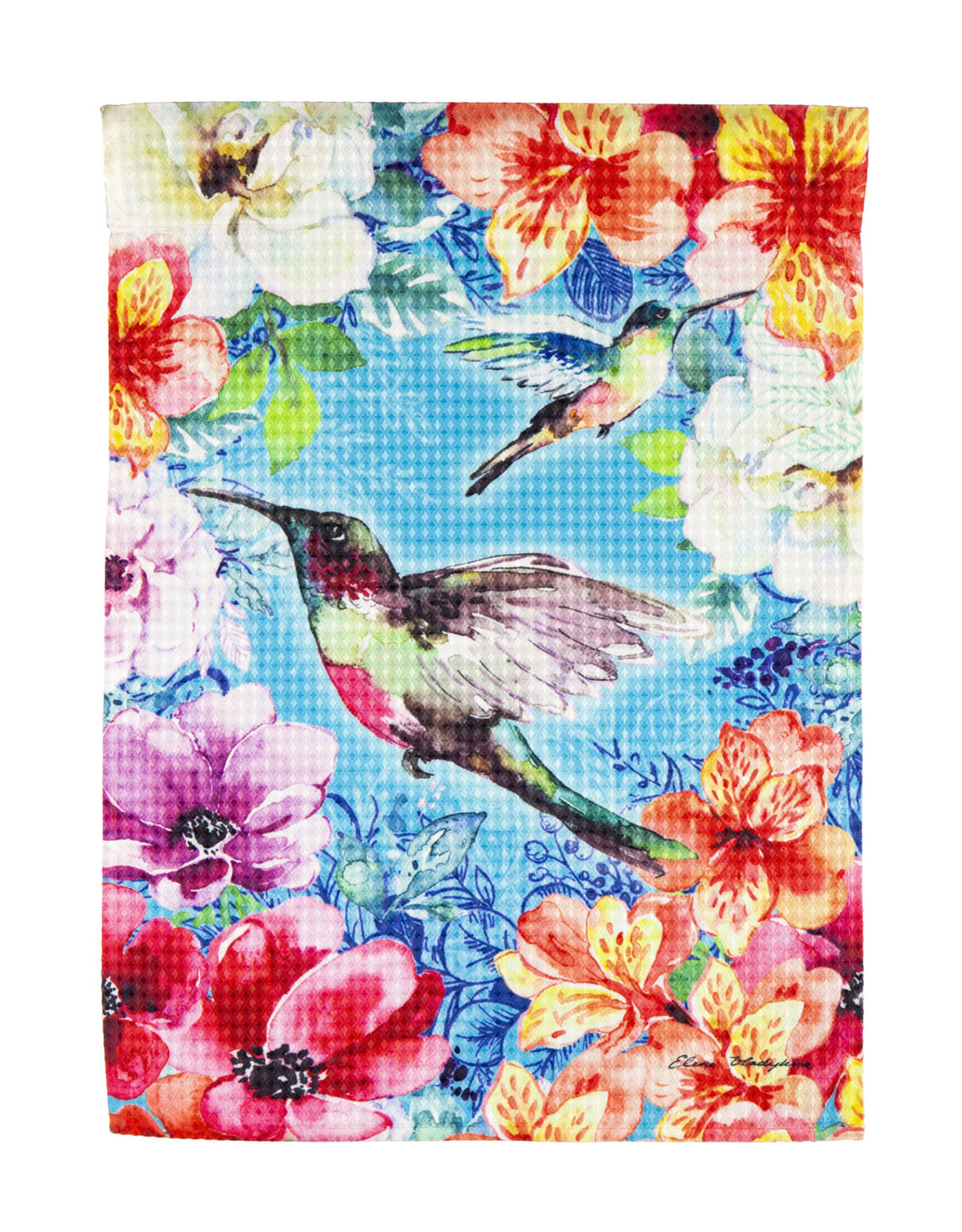 Evergreen BRIGHT FLOWERS & HUMMINGBIRDS GARDEN FLAG - waffle