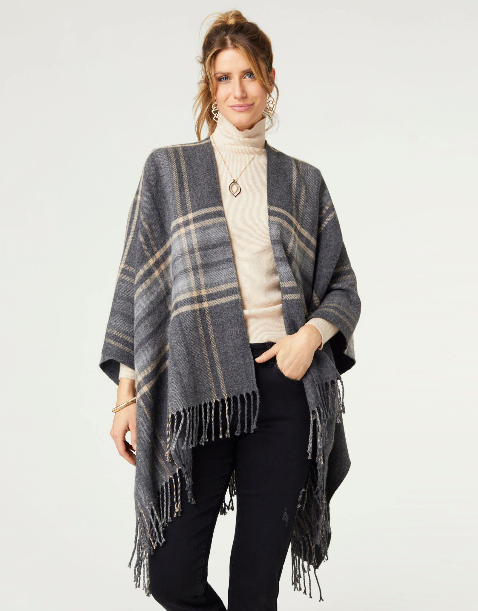 TGB / Good Bead FIRESIDE GREY PLAID CARDIGAN WITH FRINGE