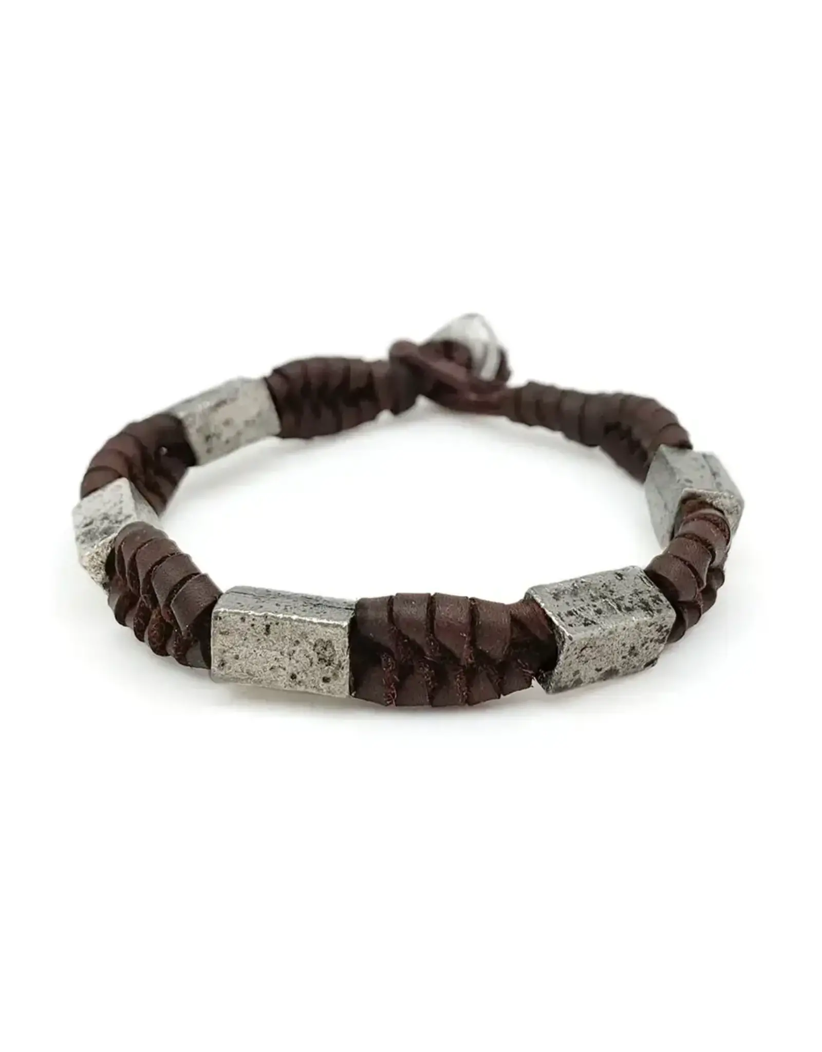 Anju Jewelry AADI BROWN BRAIDED LEATHER METAL BEADS BRACELET - unisex design