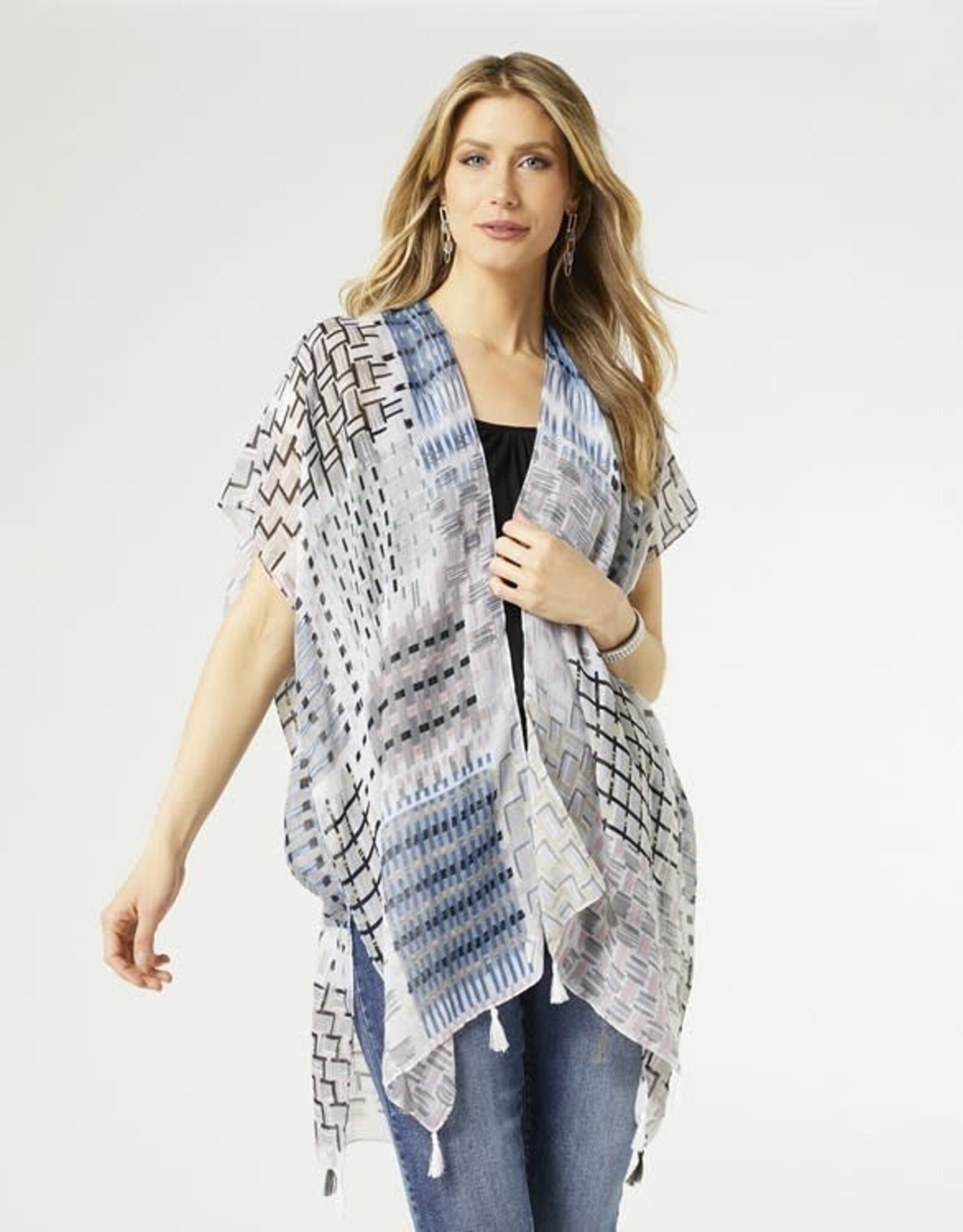 TGB / Good Bead DEVYN RUANA WITH TASSLES WHITE DEMIN GRAY ROSE