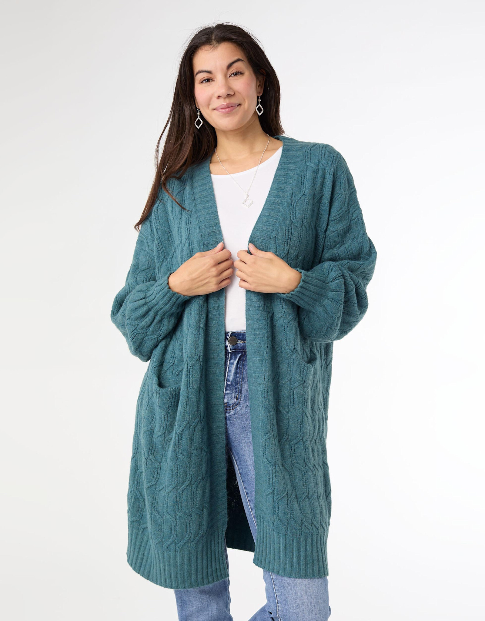TGB / Good Bead SUMMIT CABLE KNIT OPEN CARDIGAN DARK TEAL L/XL