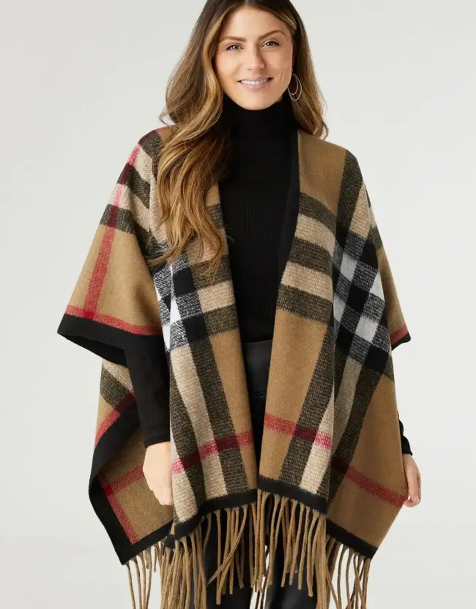 TGB / Good Bead JORA PLAID WRAP WITH FRINGE TAUPE