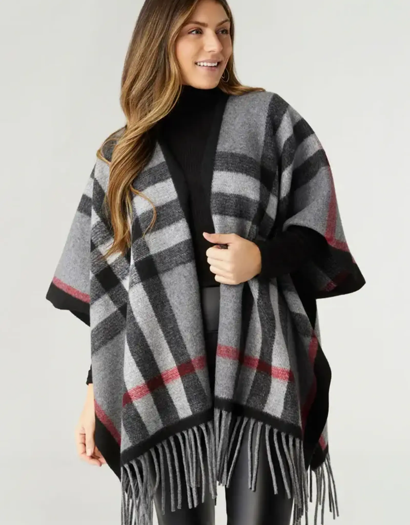 TGB / Good Bead JORA PLAID WAP WITH FRINGE BLACK