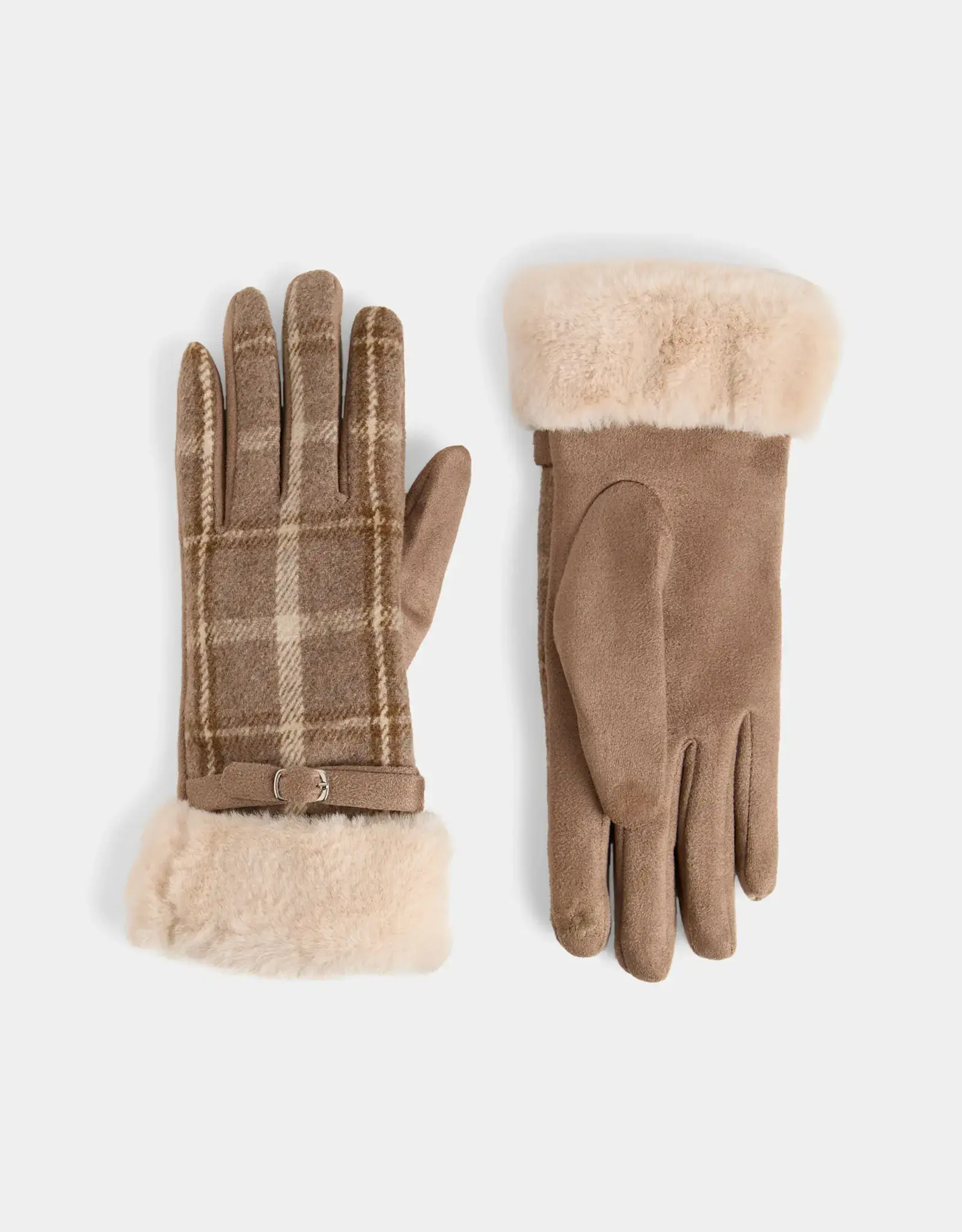 TGB / Good Bead BELTED FUR CUFF PLAID GLOVES NATURAL