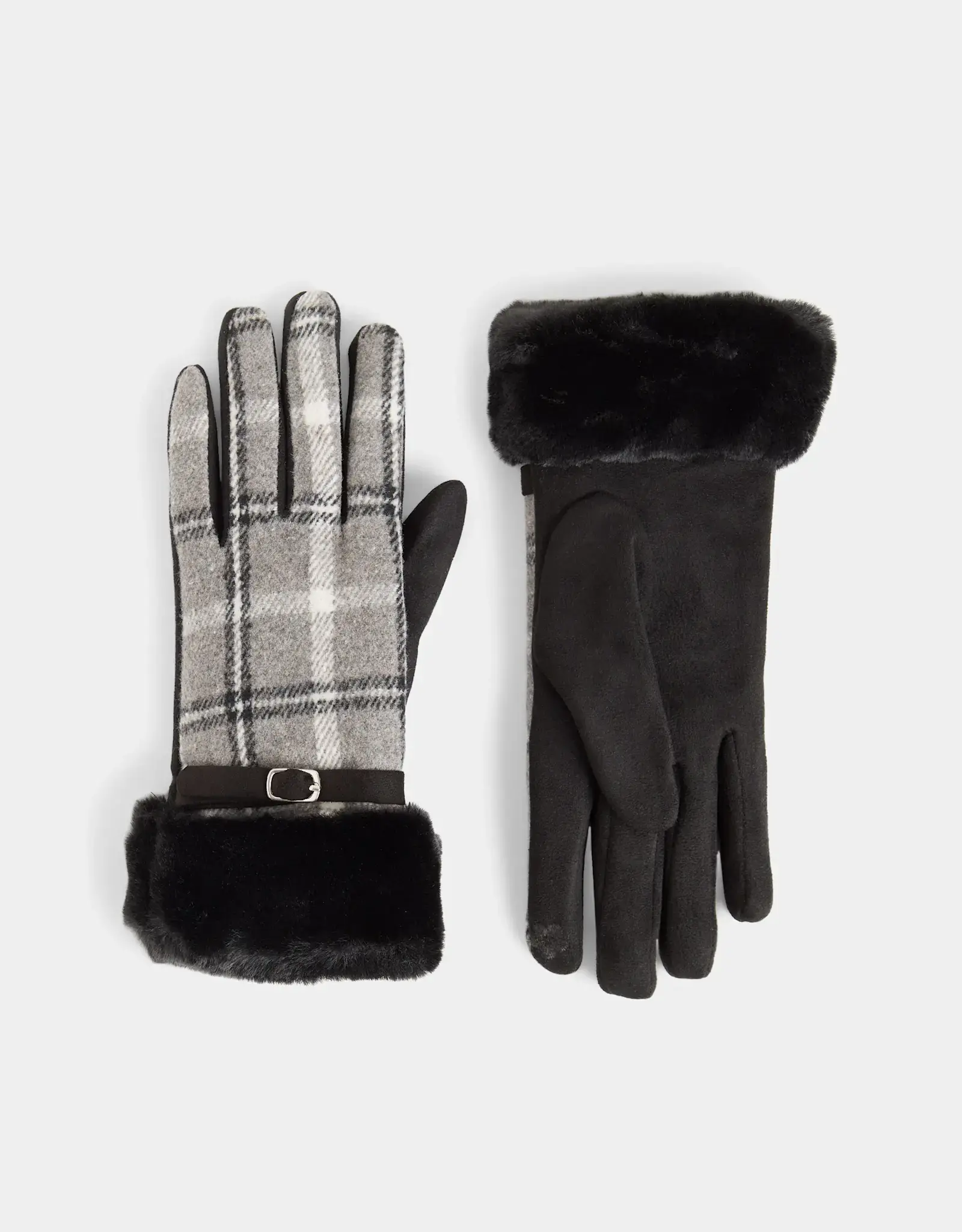 TGB / Good Bead BELTED FUR CUFF PLAID GLOVES BLACK