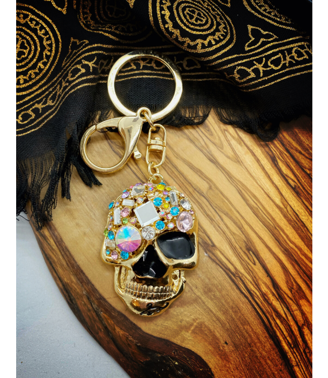 Witch of Walkerville Rhinestone Skull Gold Key Chain