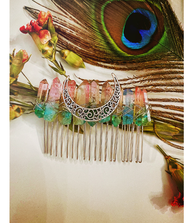 Witch of Walkerville Aura Quartz Moon Hair Comb - Rainbow