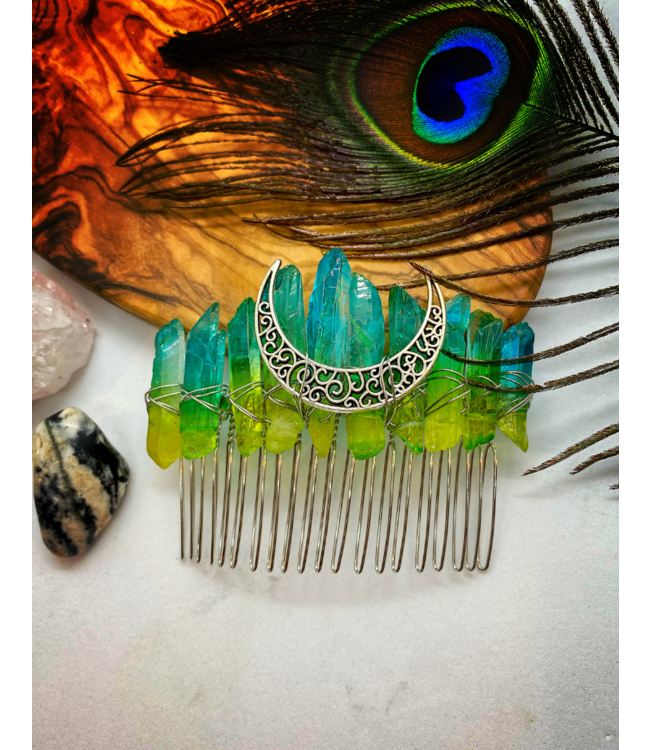 Witch of Walkerville Aura Quartz Moon Hair Comb - Mermaid