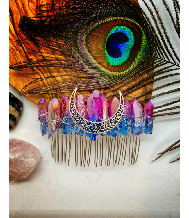 Witch of Walkerville Aura Quartz Moon Hair Comb - pink & blue