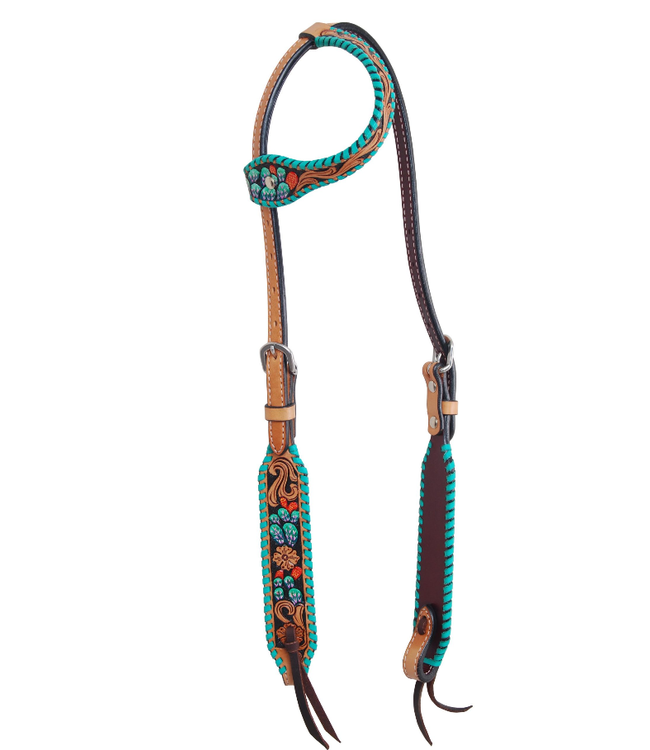 Rafter T Ranch Co. One Ear Headstall with Painted Cactus & Turpuoise Whipstitch