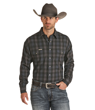 Powder River Outfitters Mens LS Heathered Cotton Brushed Twill Plaid Snap - Royal