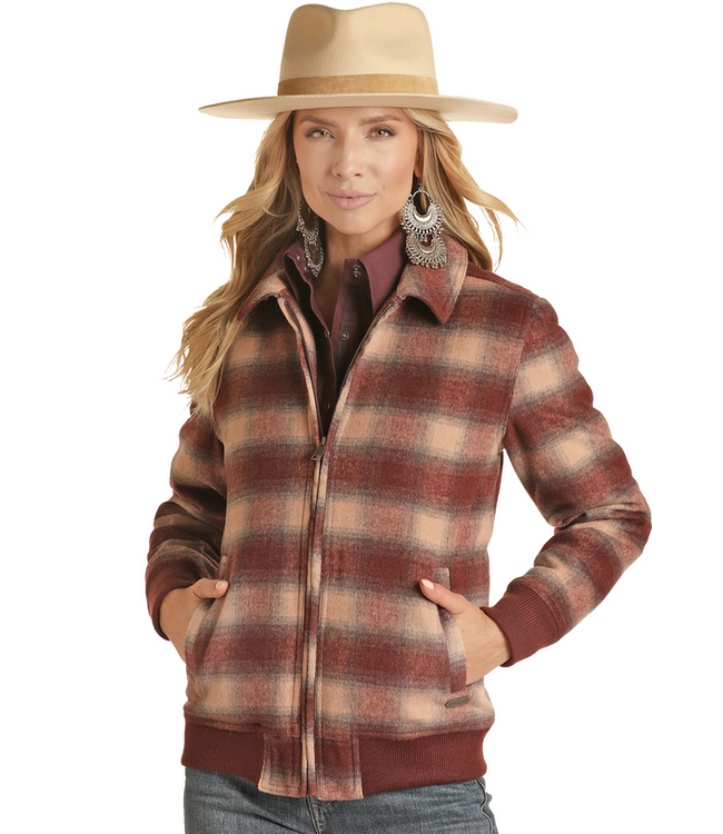 Powder River Outfitters Ladies Bomber Plaid Wool Coat