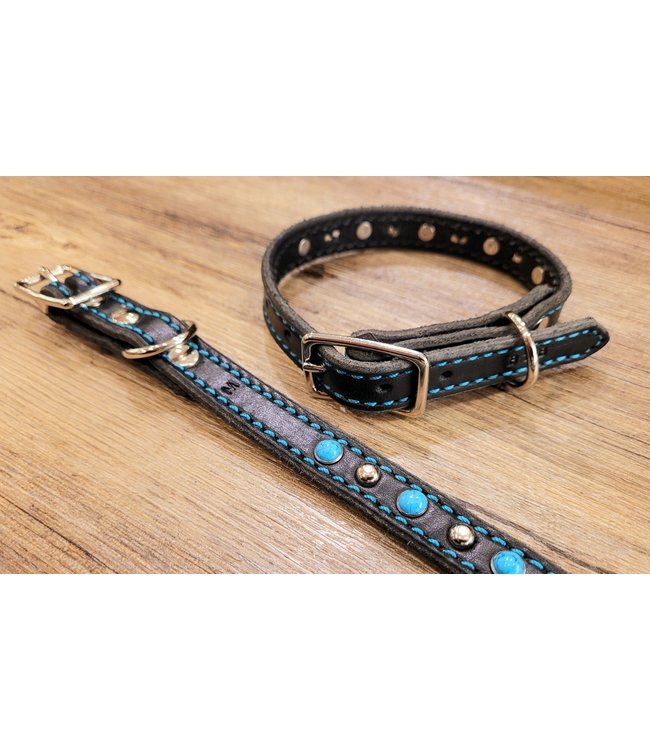 Beyond the Barn Black Turquoise Silver Spot 5/8" Leather Dog Collar BTB