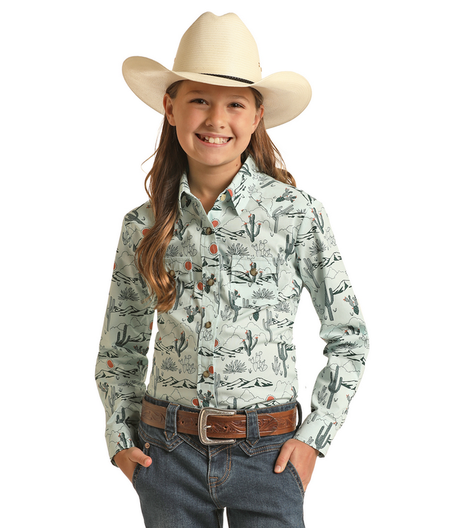 Rock & Roll Denim Girls Western LS Dale Snap Shirt - Mint