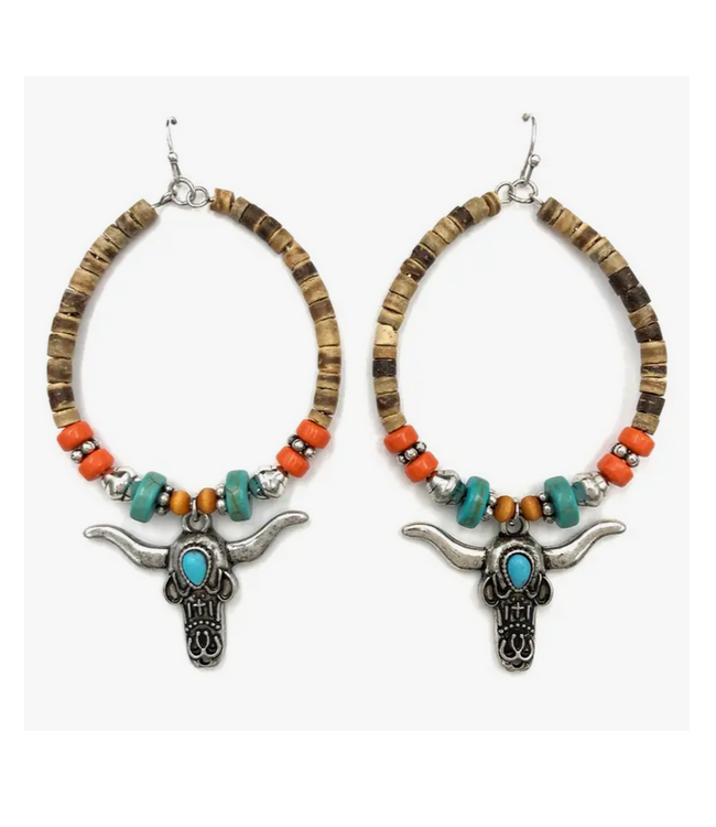 Lunar Deer Longhorn Wood Beads Hanging Hoop Western Dangle Earring Turquoise