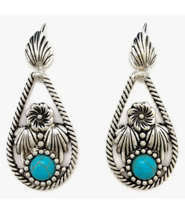 Lunar Deer Western Floral Turquoise Stone Roped Teardrop Dangle Earrings